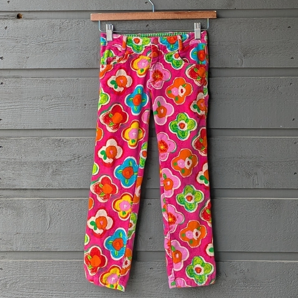 Oilily Vibrant Pink Floral Velvet Straight Leg Pants Size 122 / 7Y